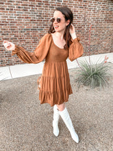 Load image into Gallery viewer, The Audrey Tiered Knee Length Dress In Camel