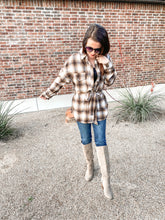 Load image into Gallery viewer, Outside Stroll Plaid Waist Tie Shacket In Brown