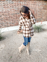Load image into Gallery viewer, Outside Stroll Plaid Waist Tie Shacket In Brown