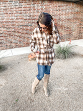 Load image into Gallery viewer, Outside Stroll Plaid Waist Tie Shacket In Brown