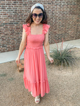Load image into Gallery viewer, The Edith Smocked Ruffled Dress- Coral
