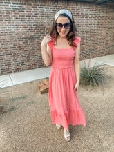 Load image into Gallery viewer, The Edith Smocked Ruffled Dress- Coral