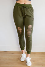 Load image into Gallery viewer, Kick Back Distressed Joggers in Olive