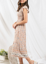 Load image into Gallery viewer, The Mai Smocked Dress In Coral Tie Print