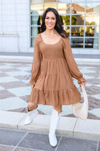 Load image into Gallery viewer, The Audrey Tiered Knee Length Dress In Camel