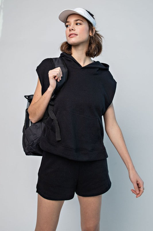 Sleeveless Hoodie and Shorts Set in Black