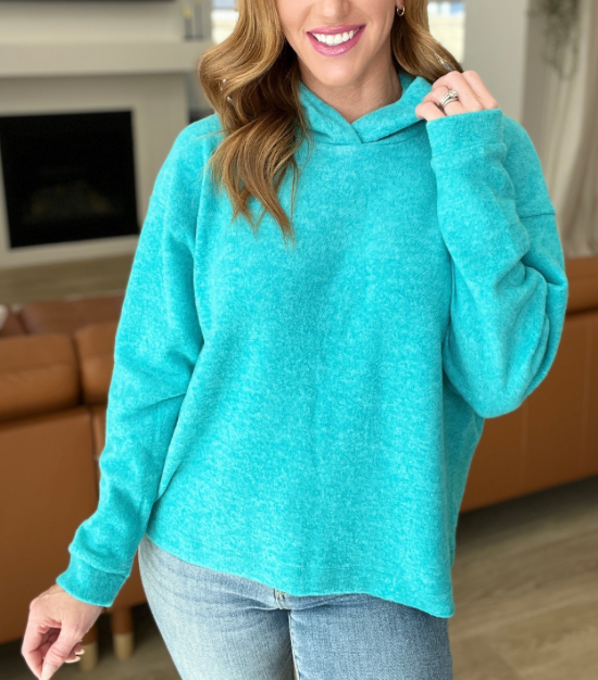 Hooded Melange Brushed Hacci Sweater in Light Teal