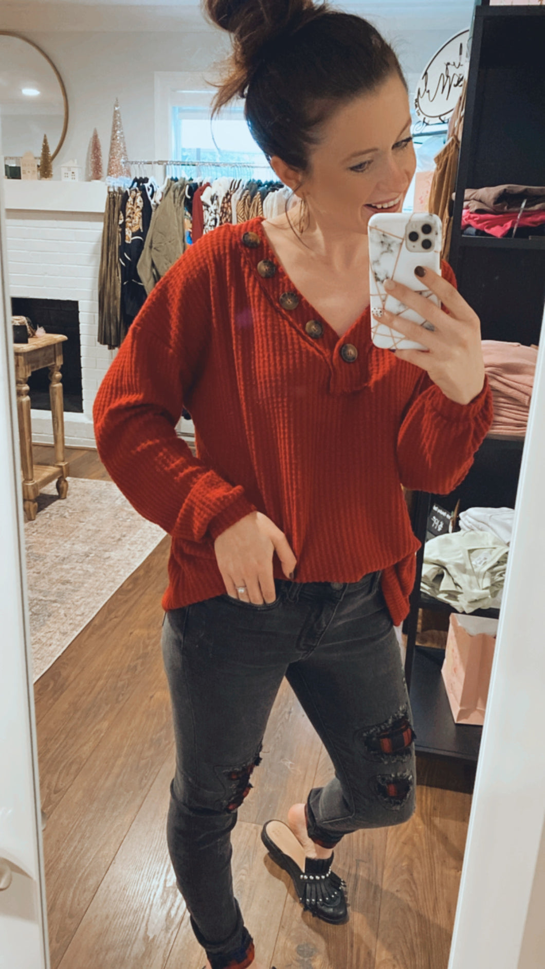 Long Sleeve Waffle Knit Top In Cranberry