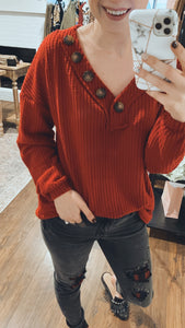 Long Sleeve Waffle Knit Top In Cranberry