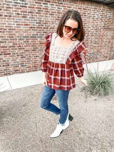 The Cabin Couture  Cassidy Plaid Maroon Top