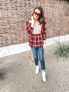 The Cabin Couture  Cassidy Plaid Maroon Top