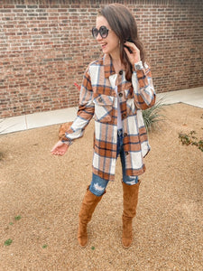 Cowboy Cutie Plaid Button Down Shacket In Brown