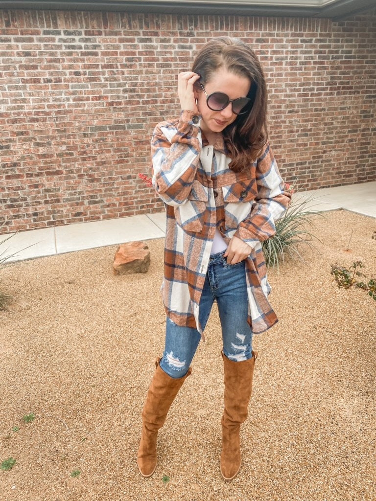 Cowboy Cutie Plaid Button Down Shacket In Brown