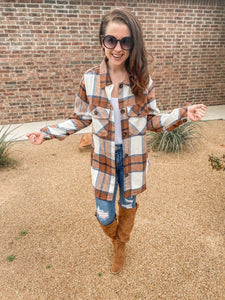 Cowboy Cutie Plaid Button Down Shacket In Brown