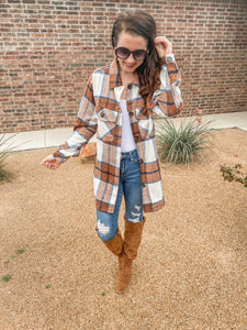 Cowboy Cutie Plaid Button Down Shacket In Brown