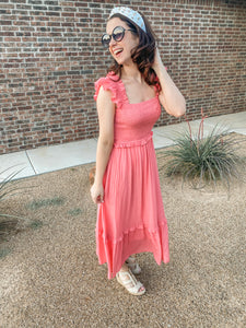 The Edith Smocked Ruffled Dress- Coral