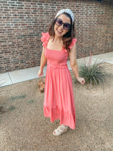 Load image into Gallery viewer, The Edith Smocked Ruffled Dress- Coral
