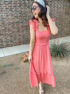 The Edith Smocked Ruffled Dress- Coral