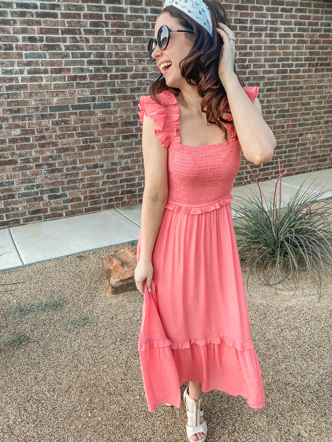 The Edith Smocked Ruffled Dress- Coral