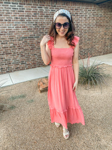 The Edith Smocked Ruffled Dress- Coral