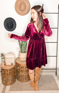 Jentsyn Velvet V-Neck Dress in Wine