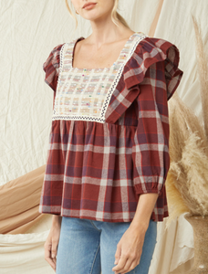 The Cabin Couture  Cassidy Plaid Maroon Top