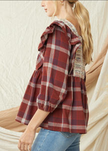 The Cabin Couture  Cassidy Plaid Maroon Top