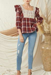 The Cabin Couture  Cassidy Plaid Maroon Top